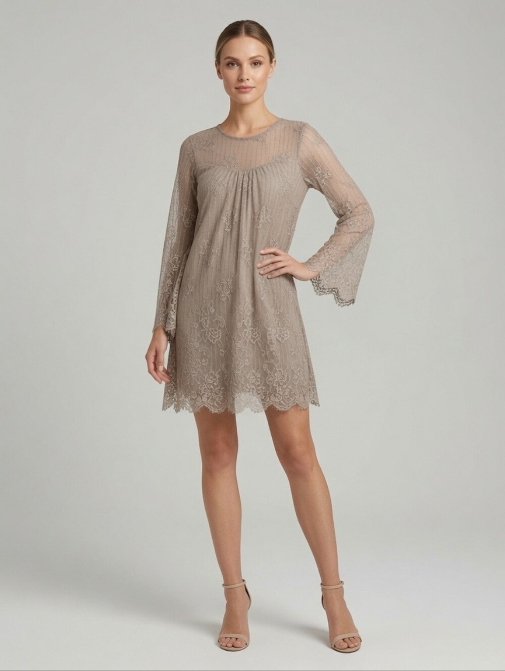 En Crème Lace Overlay Bell Sleeve Tunic Dress - Taupe SZ SM